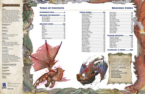 Pathfinder Loast Omens Draconic Codex; table of contents. Chapter titles include Introduction, Dragon Physiology, Dragon Gods, Field Guide, and Player Options. The bottom of the spread features two dragons -- one covered in angry red volcanoes that shoot tiny balls of magma in all directions, and the other a peaceful swimmer with a back full of brightly-colored coral.