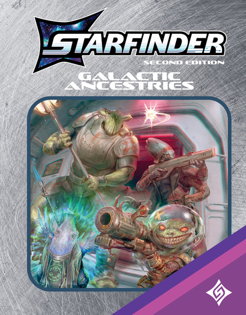 The Retailer Cover for Starfinder Galactic Ancestries, featuring a wide variety of alien adventurers, weapons ready and ready for action. The central image is surrounded by the trappings of a retro video game box.