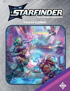 An image of the Retailer Cover for Starfinder Tech Core, featuring a dynamic battle in low gravity surrounded by a brushed steel retro game frame.