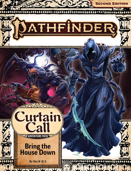 Pathfinder Adventure Path #206: Bring Down the House (Curtain Call 3 of 3). The evil hooded god Norgorber brandishes a wicked curved sword before a background scene depicting a bizarre misshapen monster attacking a group of adventurers.