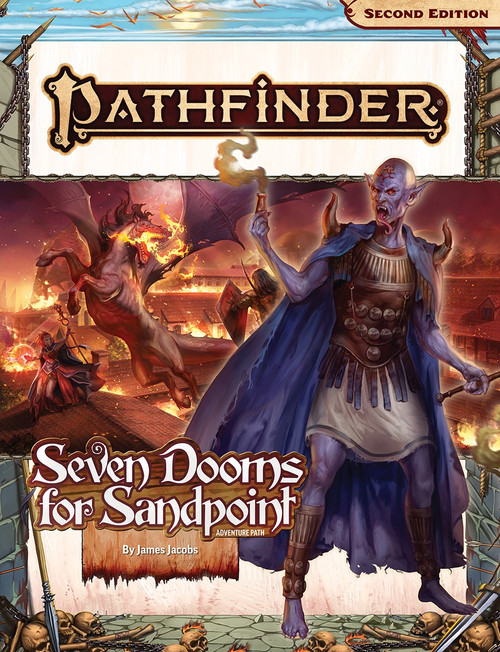 Pathfinder Adventure Path #200: Seven Dooms for Sandpoint PDF, a 200-page double-sided book featuring a blue-robed figure with a torch, flames, and destruction in the background.