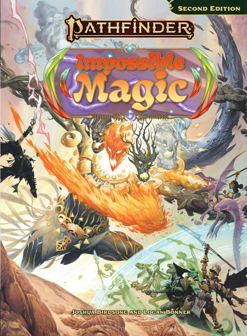 The cover for the standard hardcover of Pathfinder Impossible Magic, written by Joshua Birdsong and Logan Bonner. Art featuring Seltiyel, Ija, and friends locked in dynamic magical combat.