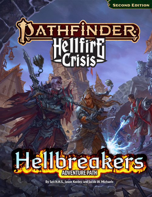 The cover for the standard edition of the Pathfinder Hellbreakers Adventure Path hardcover, a part of the Hellfire Crisis.