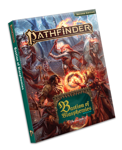 Pathfinder Bastion of Blasphemies Adventure Path, by James Jacobs. The adventure logo and spine of the regular edition are a cool blue-green, while the cover art features Valeros, iconic Chelaxian human fighter, and Seoni, iconic Varisian human sorcerer, engaged in dynamic combat with the headless coachman of the Black Coach of Bastardhall in the courtyard of Castle Arudora.
