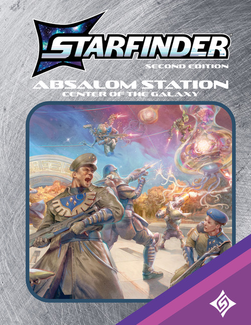 The Retailer Cover for Starfinder Absalom Station, featuring art of a dynamic battle between opposing alien factions surrounded by a brushed steel retro game frame.