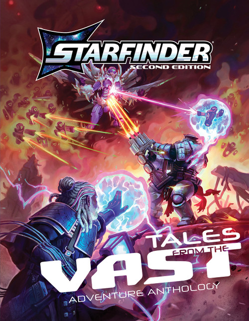 the standard cover for Starfinder Adventure: Tales from the Vast Adventure Anthology featuring dynamic art of an intense battle on an alien world.