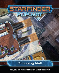 Starfinder Flip-Mat: Shopping Mall PDF.  Two overlayed maps, one with a pristine futurist shopping mall complex, and the other showing the mall in disarray.