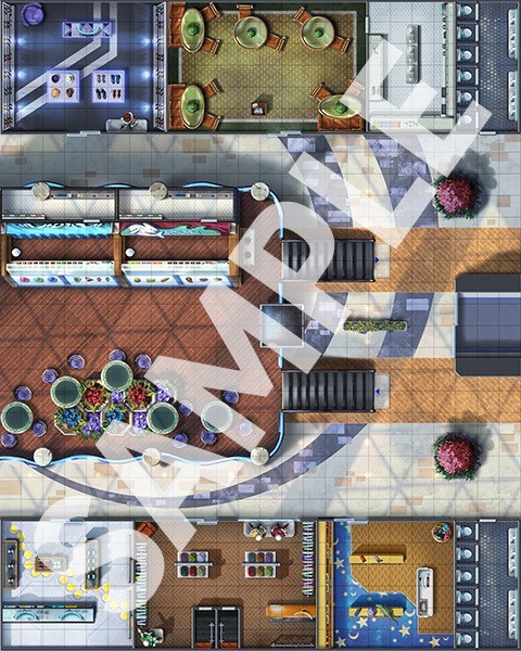 Starfinder Flip-Mat: Shopping Mall PDF. Sample view of the map featuring the pristine, futuristic shopping mall.