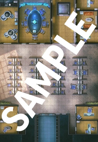 Starfinder Flip-Mat: Corporate Office PDF. Sample view of the map with the various rooms of an office in normal condition.