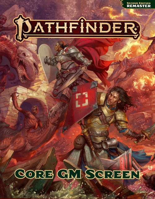 Pathfinder Core GM Screen PDF, a 44" x 8.5" four-panel horizontal screen with a battle scene and game tables, featuring a knight and dragon, updated for Pathfinder Remaster rules and Second Edition adventures.