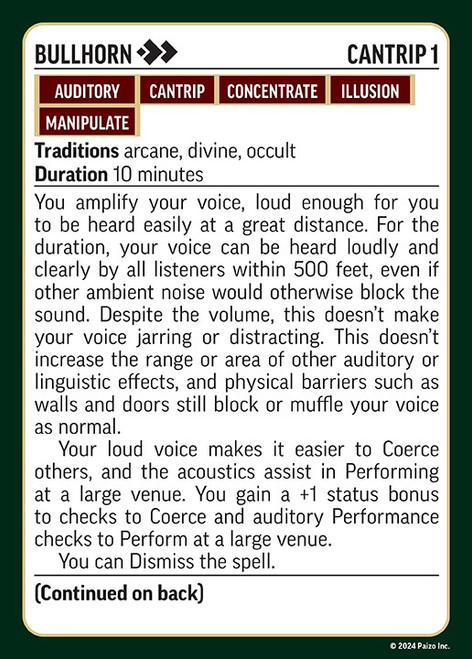 Pathfinder Arcane Spell Deck (Remastered) card with 250+ arcane spell reference cards, featuring auditory illusions, cantrips, and manipulation of magical traditions, for strategic planning and casting in Pathfinder fantasy games.