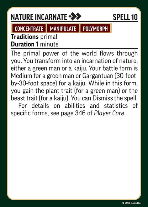 Pathfinder Primal Spell Deck (Remastered) card, featuring 200 spell reference cards, on white background with dark green border, part of Pathfinder Primal Spell Cards collection, used in role-playing games like Pathfinder.
