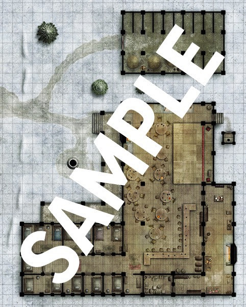 Pathfinder Flip-Mat: Showtime Multi-Pack PDF sample image shows a cozy in and nearby stable in a snowy field; the inn features a small stage for bards to perform on.