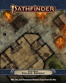 Pathfinder Flip-Mat: Village Assault PDF product image shows a portion of a war-torn village, with a few burning structures outlying a larger town hall; wet, dry, and permanent markers erase from the mat.