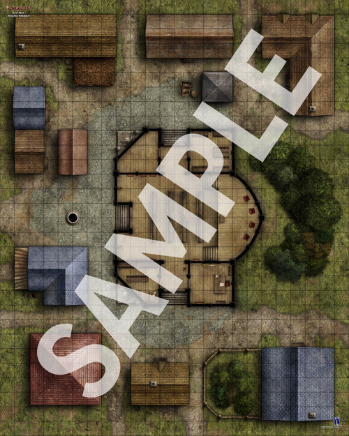 Pathfinder Flip-Mat: Village Assault PDF sample image shows a map of a small village, with several buildings around a centrally-located town hall overlooking a small grove of trees, showing the village before it’s assaulted by villains.