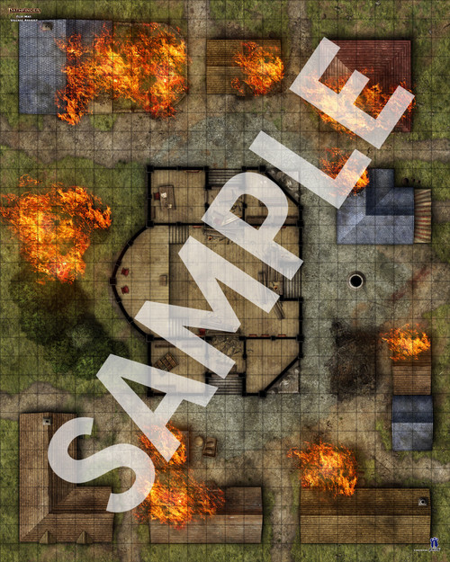 Pathfinder Flip-Mat: Village Assault PDF sample image shows a map of a war-torn village, with several burning buildings around a centrally-located town hall overlooking a small grove of trees that are also on fire; this map is the war-torn version of the idyllic village featured in this product’s other map.