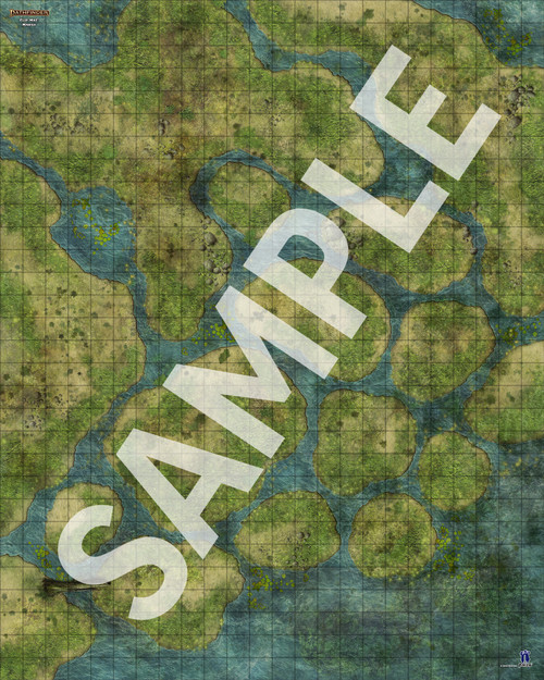 Pathfinder Flip-Mat: Marsh PDF sample image shows a map of a trackless swampland through which rivulets of water wind between overgrown hummocks of vegetation.