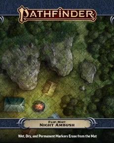 Pathfinder Flip-Mat: Night Ambush PDF product image shows a portion of a map of a wilderness campsite featuring a few tents around a campfire; wet, dry, and permanent markers erase from the mat.