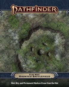Pathfinder Flip-Mat: Haunted Battlefield PDF product image shows a portion of a map of a flat-topped hill on which mysterious standing stones loom; wet, dry, and permanent markers erase from the mat.
