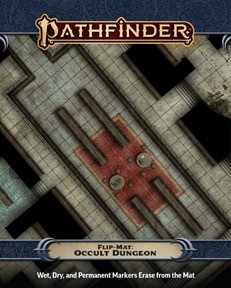 Pathfinder Flip-Mat: Haunted Battlefield PDF product image shows a portion of a map of a mysterious underground dungeon with a focus on a large banquet hall; wet, dry, and permanent markers erase from the mat.