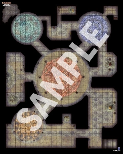 Pathfinder Flip-Mat: Occult Dungeon PDF sample image shows a map of a strange dungeon featuring several large rooms in which eerie glowing runes and symbols shimmer on the floor.