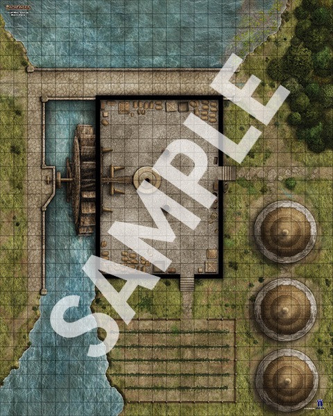 Pathfinder Flip-Mat: Rivers Multi-Pack PDF sample image shows a map of a river on which a narrow bridge and water wheel have been built over to help a nearby farm grind grain.