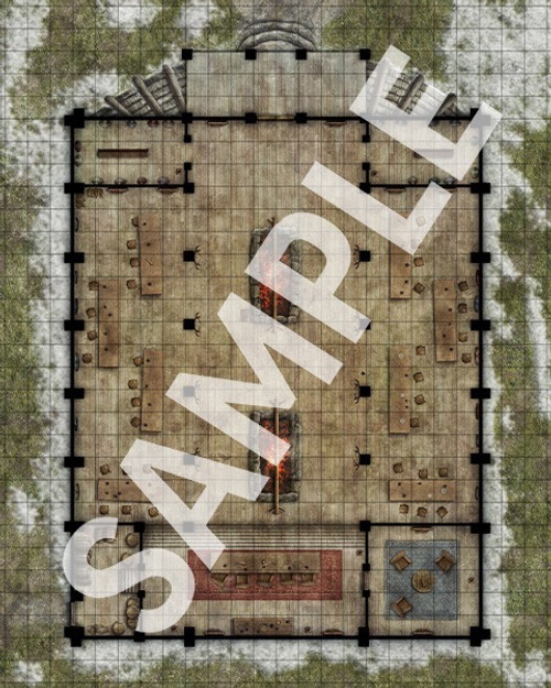 Pathfinder Flip-Mat: Feasthall PDF sample image shows a map of a sprawling feasthall built around a pair of large firepits, with a few side rooms for private banquets or storage.