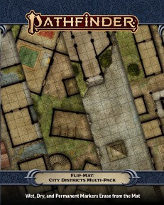 Pathfinder Flip-Mat: City Districts Multi-Pack PDF product image shows sections from the four different maps featuring city streets, town squares, and twisting alleys; a xxx; wet, dry, and permanent markers erase from the mat.