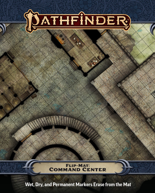 An image of the Pathfinder Flip-Mat: Command Center with the Pathfinder logo on top, the product name on the bottom, and a glimpse of one of the included maps in the center.