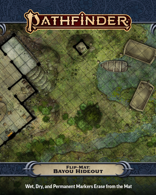 An image of the Pathfinder Flip-Mat: Bayou Hideout with the Pathfinder logo on top, the product name on the bottom, and a glimpse of one of the included maps in the center.