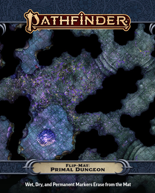 An image of the Pathfinder Flip-Mat: Primal Dungeon with the Pathfinder logo on top, the product name on the bottom, and a glimpse of one of the included maps in the center.