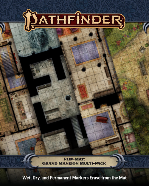 An image of the Pathfinder Flip-Mat: Grand Mansion Multi-Pack with the Pathfinder logo on top, the product name on the bottom, and a four slice glimpse of each included map in the center.