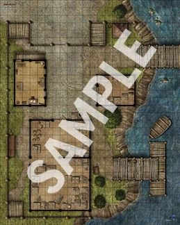 Sample side 1 of Pathfinder Flip-Mat: Dockside Warehouse, featuring a set of docks leading to a modest set of warehouses.