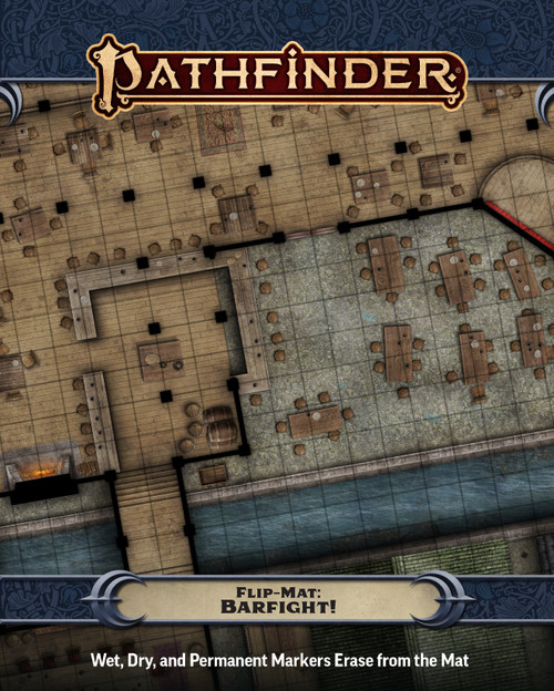 An image of the Pathfinder Flip-Mat: Barfight! with the Pathfinder logo on top, the product name on the bottom, and a glimpse of one of the included maps in the center.
