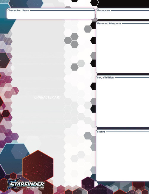 Interior page image featuring several boxes of enhanced character sheet information such as Character Name, Pronouns, Favored Weapons, Key Abilities, and Notes alongside a fun geometric decorative pattern.