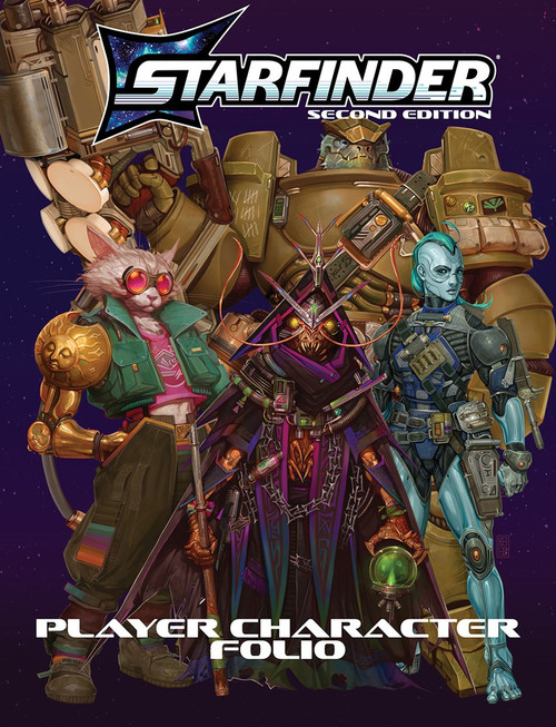 Starfinder Second Edition Player Character Folio cover image featuring four science-fantasy heroes: an android operative, a shirren mystic, a vesk soldier, and a pahtra solarian. 