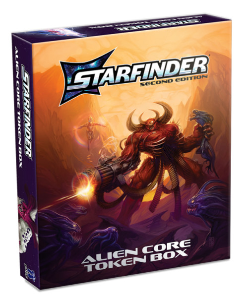 Starfinder Alien Core Token Box. A giant demon with a Gatling fun for a hand, with bullets coming out of its guts, fires upon alien creatures.  