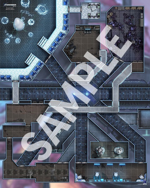 Starfinder Flip-Mat: Playtest Multipack PDF. Sample view of a map depicting a high-tech space station with various corridors and walkways.