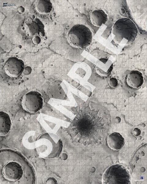 Starfinder Flip-Mat: Planetary Terrain Multi-Pack PDF. Sample view of a map depicting a lifeless, cratered moonscape.