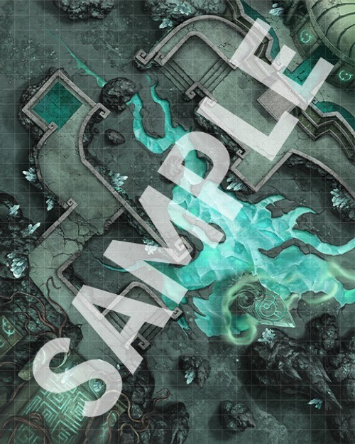 Starfinder Flip-Mat: Alien Ruins PDF. Sample view of a map depicting a cavern on an alien planet with glowing alien energies twisting through the underground ruins.