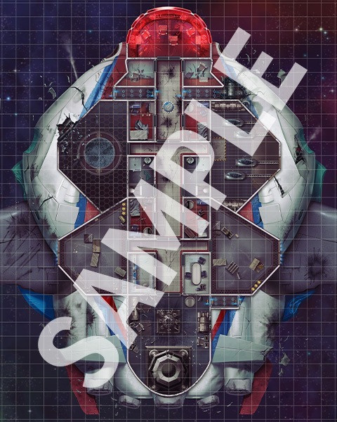 Starfinder Flip-Mat: Derelict Starships PDF. Sample view of a map depicting the Starfinder iconic starship, the Sunrise Maiden, in a state of decay.