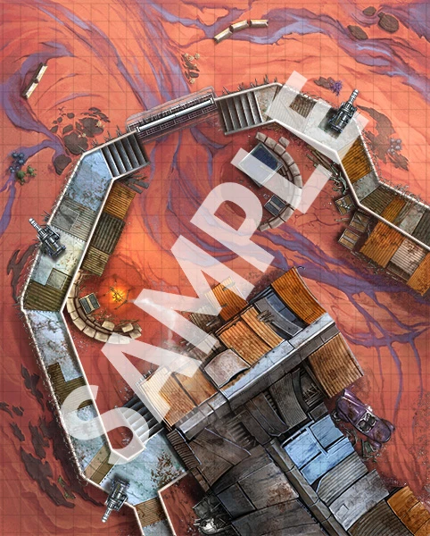A sample image of one side of Starfinder Flip-Mat: Renegade Outpost featuring a fenced outpost in a red terrain landscape.
