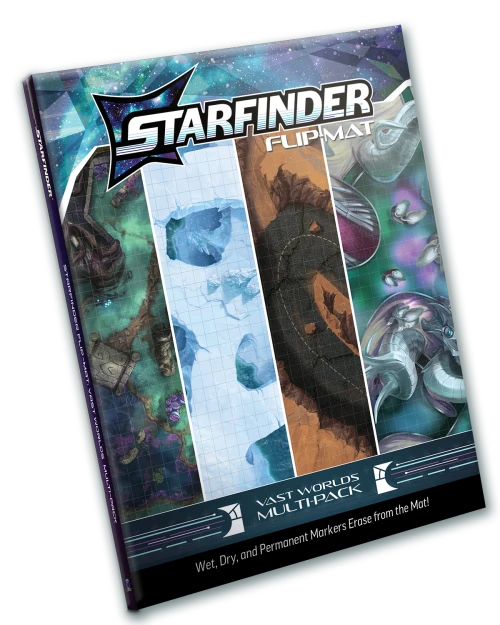 A 3D image of the Starfinder Flip-Mat: Vast Worlds Multi-Pack. The Starfinder logo is at the top, and the name of the product is at the bottom of the cover. The center art features a four slice glimpse at each of the 4 maps included in this multi-pack.