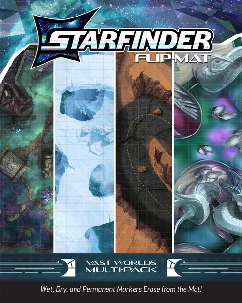 An image of the Starfinder Flip-Mat: Vast Worlds Multi-Pack. The Starfinder logo is at the top, and the name of the product is at the bottom of the cover. The center art features a four slice glimpse at each of the 4 maps included in this multi-pack.