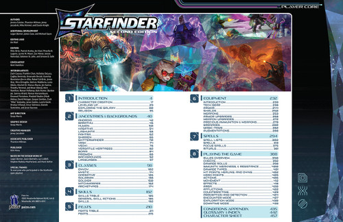 Starfinder Second Edition Player Core sample pages featuring the table of contents supplemented by a montage of images depicting scenes from throughout the book.