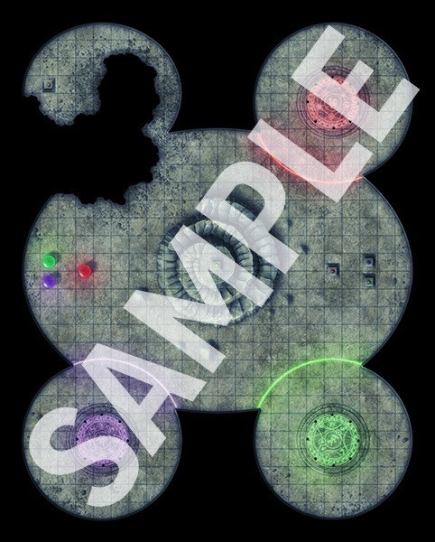 Pathfinder Flip-Mat Classics: Arcane Dungeon PDF sample map of a large oval chamber with four circular alcoves; magic fields and circles glow in three of the alcoves, while the forth is partially collapsed