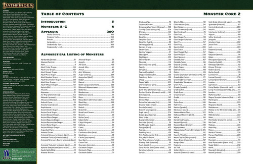 Pathfinder Monster Core 2; first two page spread of table of contents.