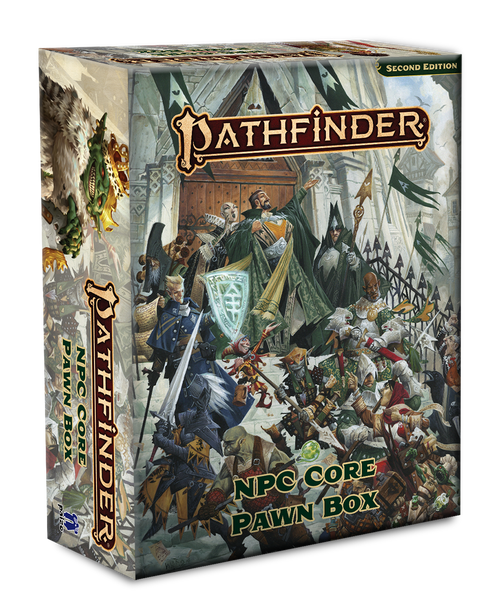 Pathfinder NPC Core Pawn Box PDF, featuring over 350 sturdy cardstock pawns of fantasy creatures, including pirates, elves, dwarves, and more, in full-color, double-sided designs, ideal for tabletop RPGs and Pathfinder games.