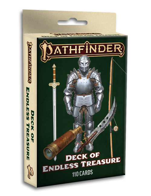 Pathfinder Deck of Endless Treasure download box artwork featuring a knight in silver armor with dark green background, gold and white text, and a box containing 110 cards for a card game with endless treasure combinations.