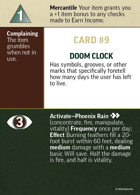 Pathfinder Deck of Endless Treasure downloadable card pack featuring an array of 64 fantasy cards, including a doomsday clock and phoenix rain, for tabletop role-playing games with unique magic item combinations.
